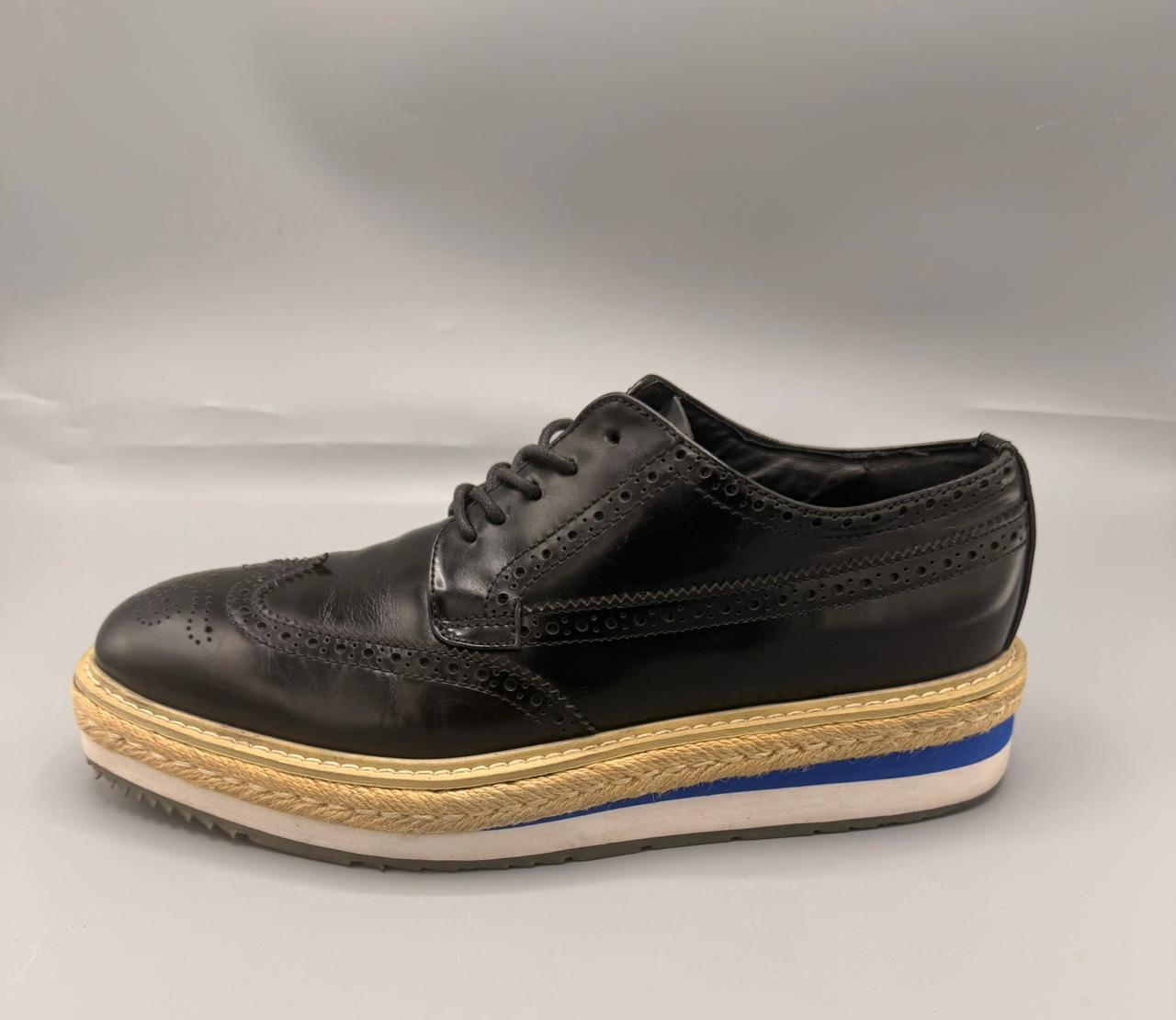 Prada Black Leather Wingtip Platform Espadrille Shoes