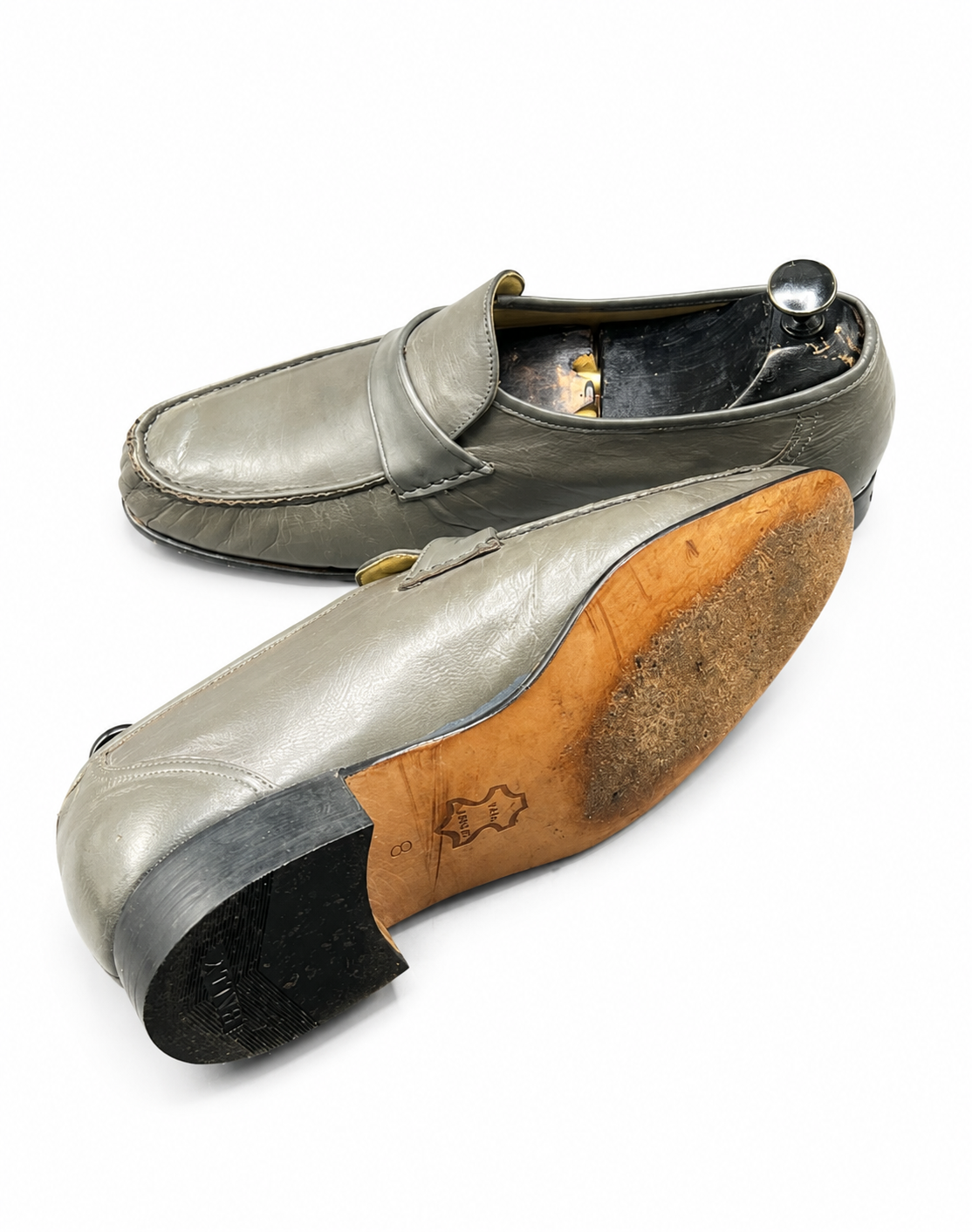 Bally grey leather loafer with a chevron-pattern accent strap
