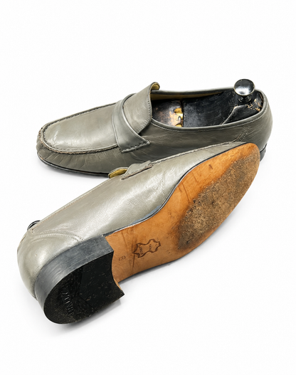 Bally grey leather loafer with a chevron-pattern accent strap