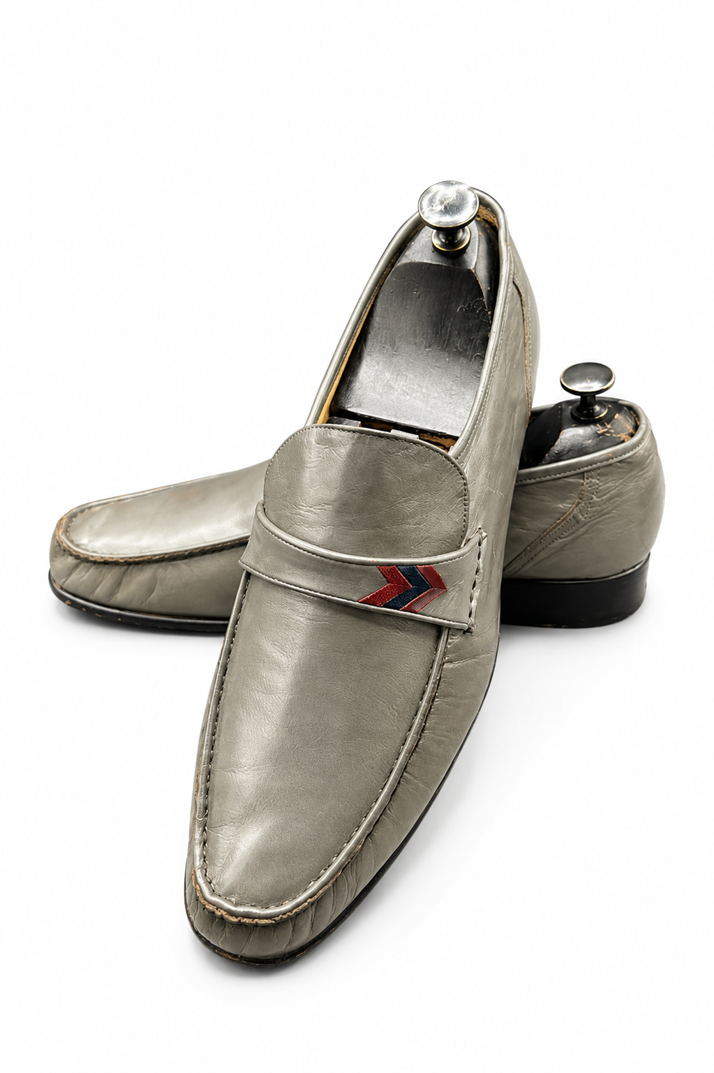 Bally grey leather loafer with a chevron-pattern accent strap