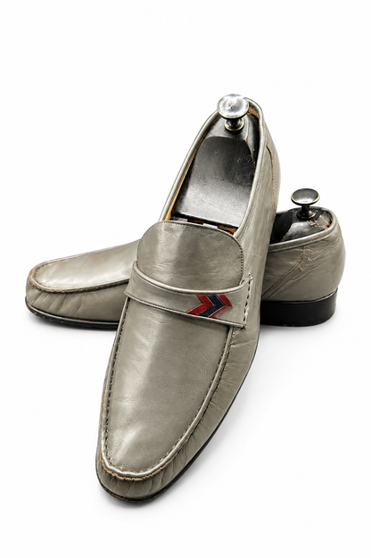 Bally grey leather loafer with a chevron-pattern accent strap