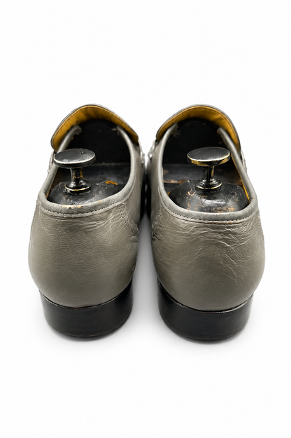 Bally grey leather loafer with a chevron-pattern accent strap