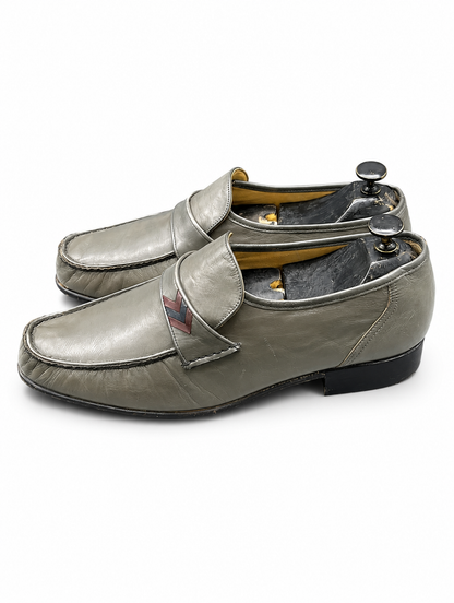 Bally grey leather loafer with a chevron-pattern accent strap