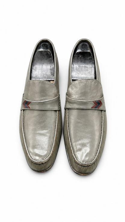 Bally grey leather loafer with a chevron-pattern accent strap