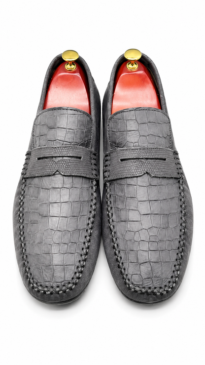 Morerchi grey croc-embossed leather penny loafer