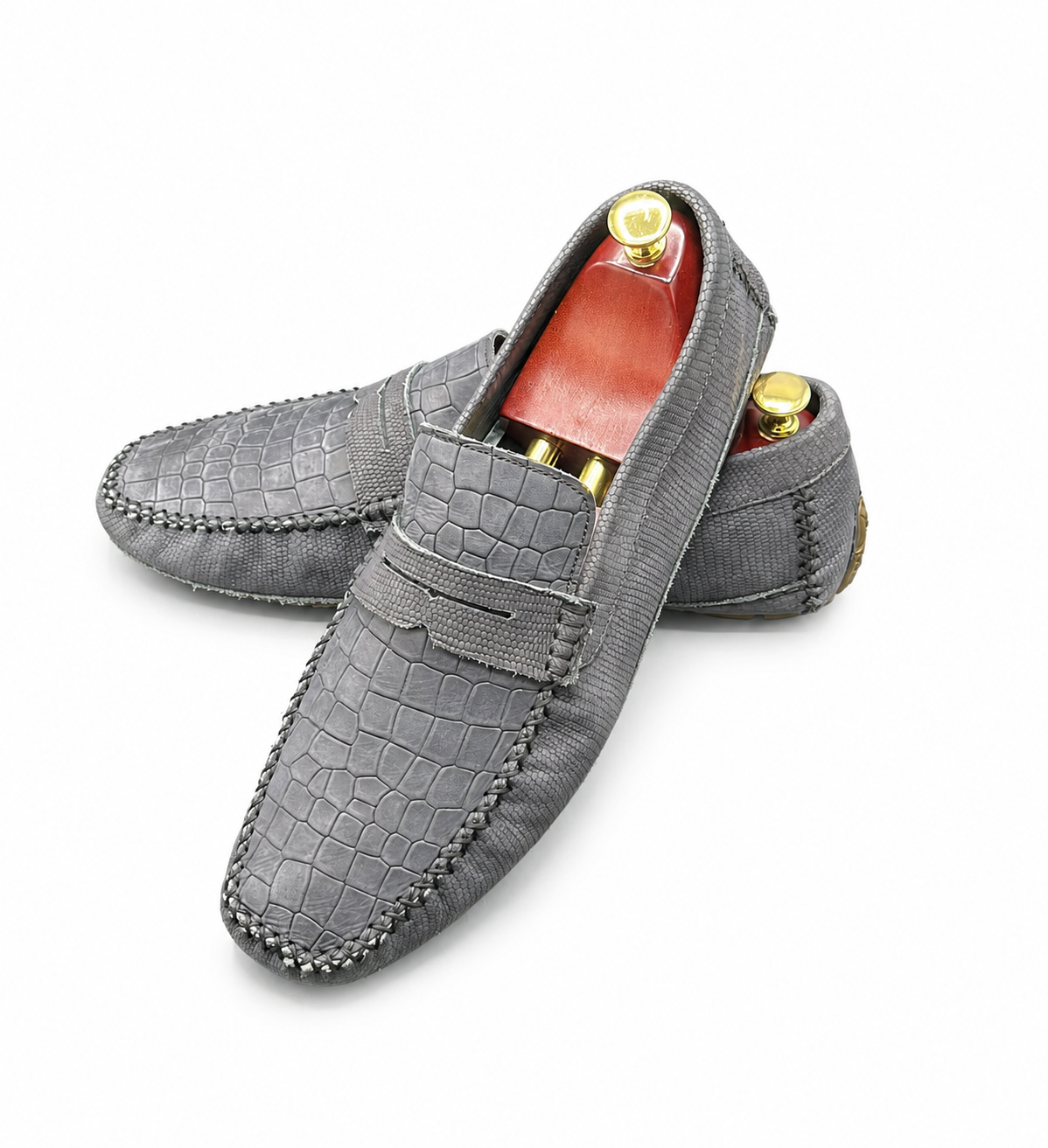 Morerchi grey croc-embossed leather penny loafer