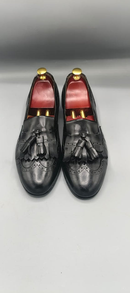 Salvatore Ferragamo Black Leather Tassel Brogue Loafers