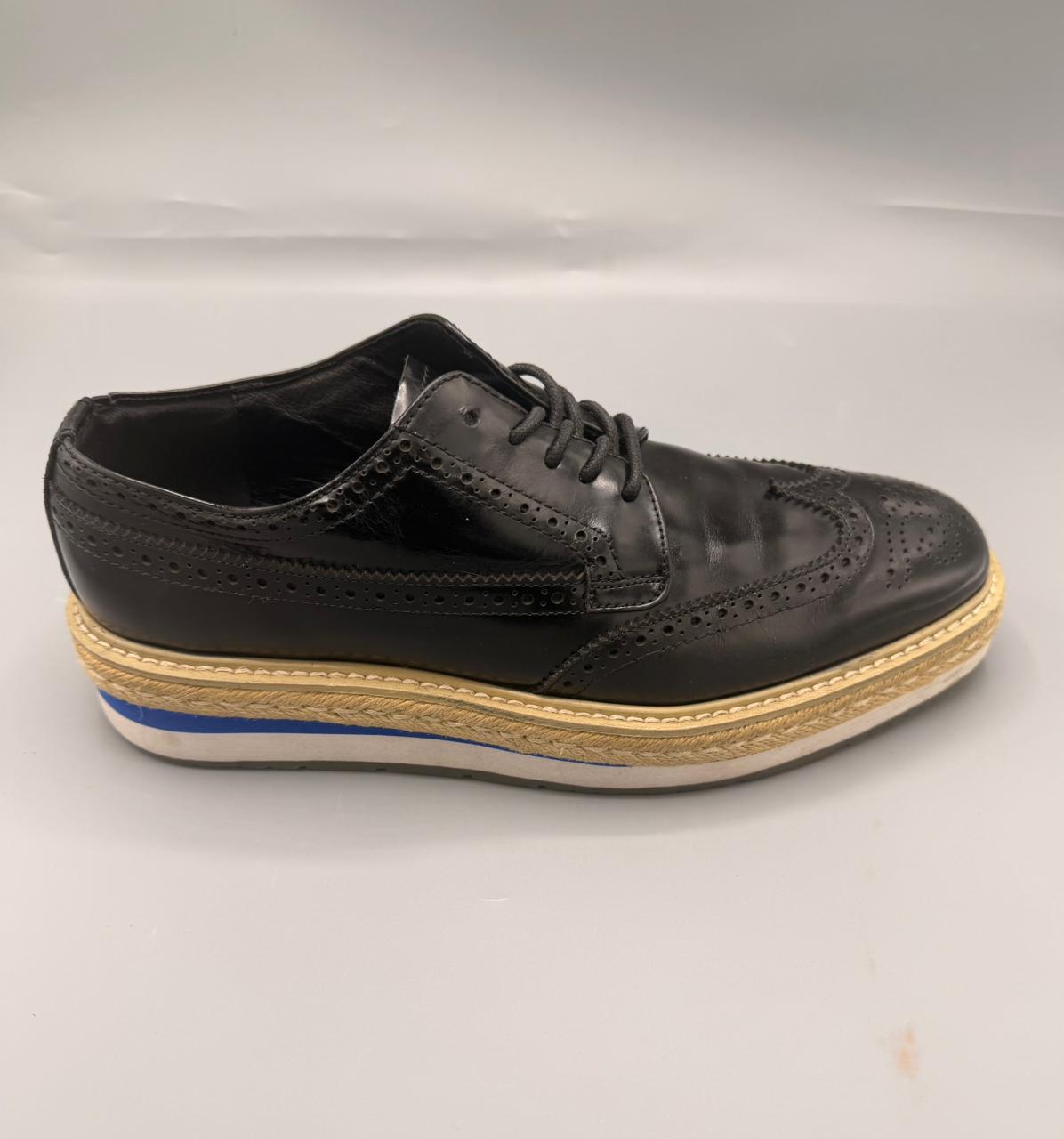 Prada Black Leather Wingtip Platform Espadrille Shoes