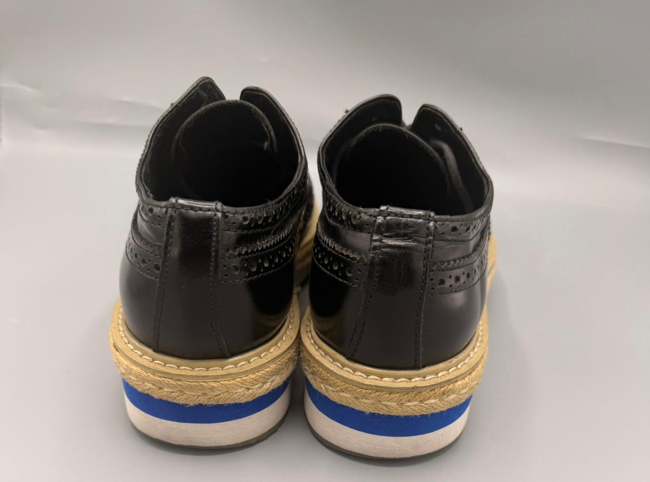 Prada Black Leather Wingtip Platform Espadrille Shoes