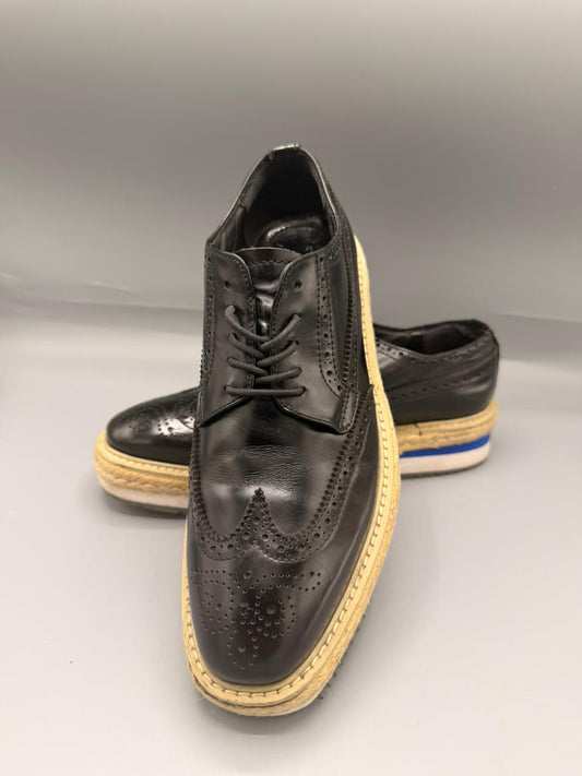 Prada Black Leather Wingtip Platform Espadrille Shoes