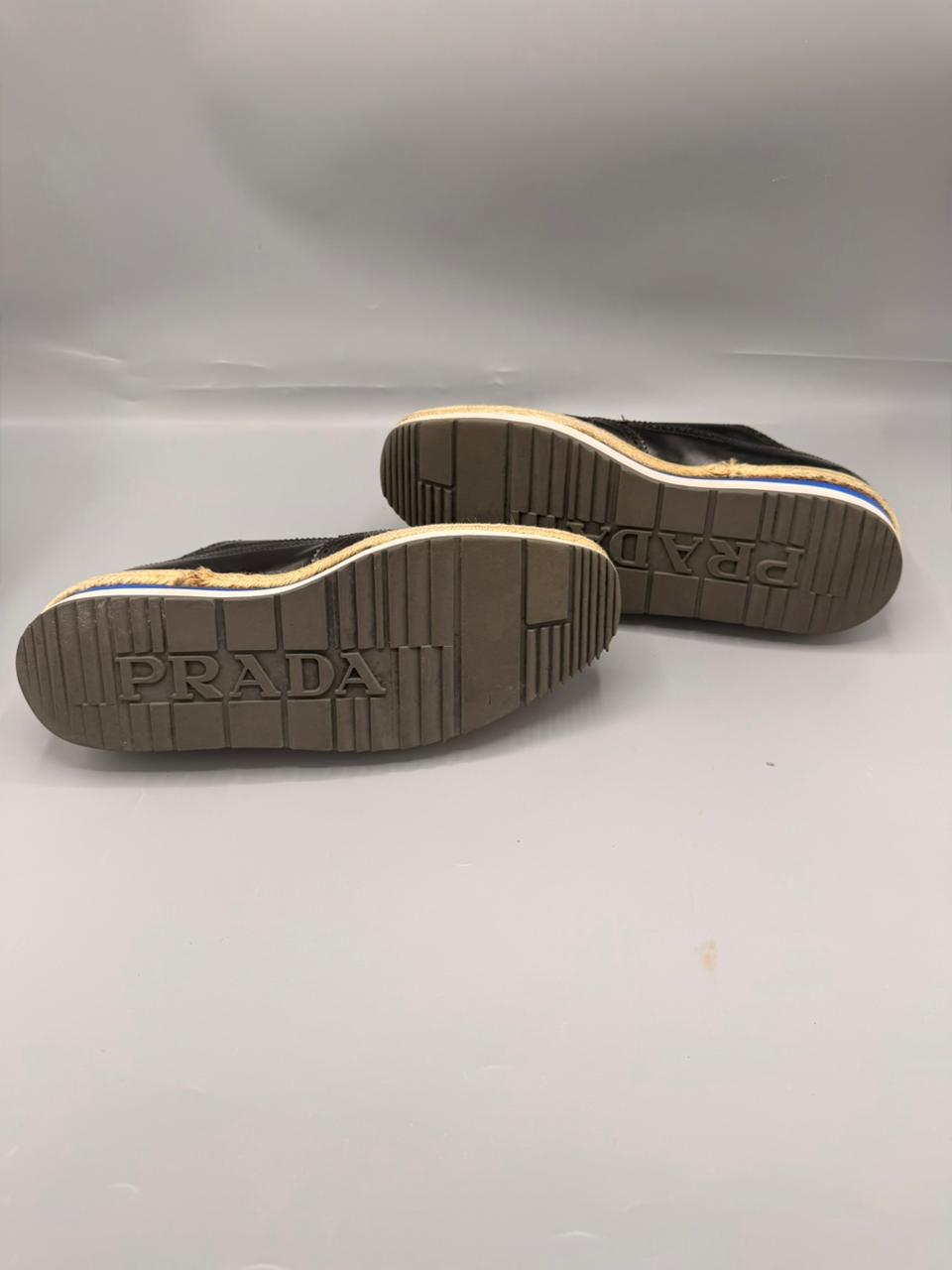 Prada Black Leather Wingtip Platform Espadrille Shoes