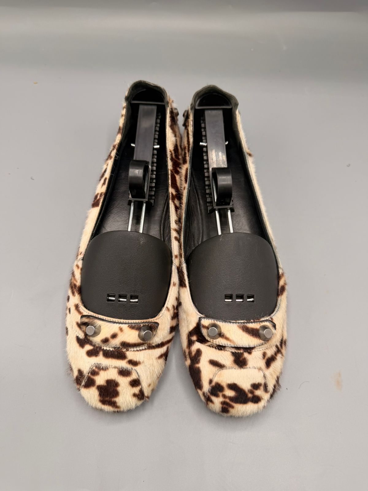 Balenciaga Cow Print Ponyhair Flats (Silver Stud Accents)
