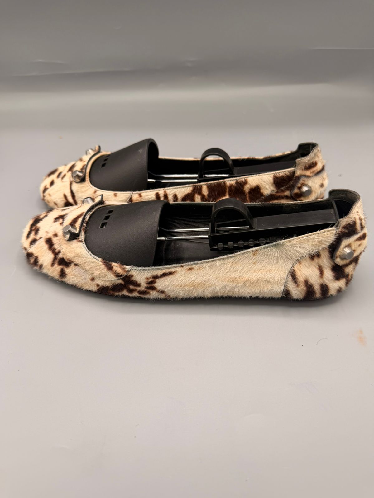 Balenciaga Cow Print Ponyhair Flats (Silver Stud Accents)