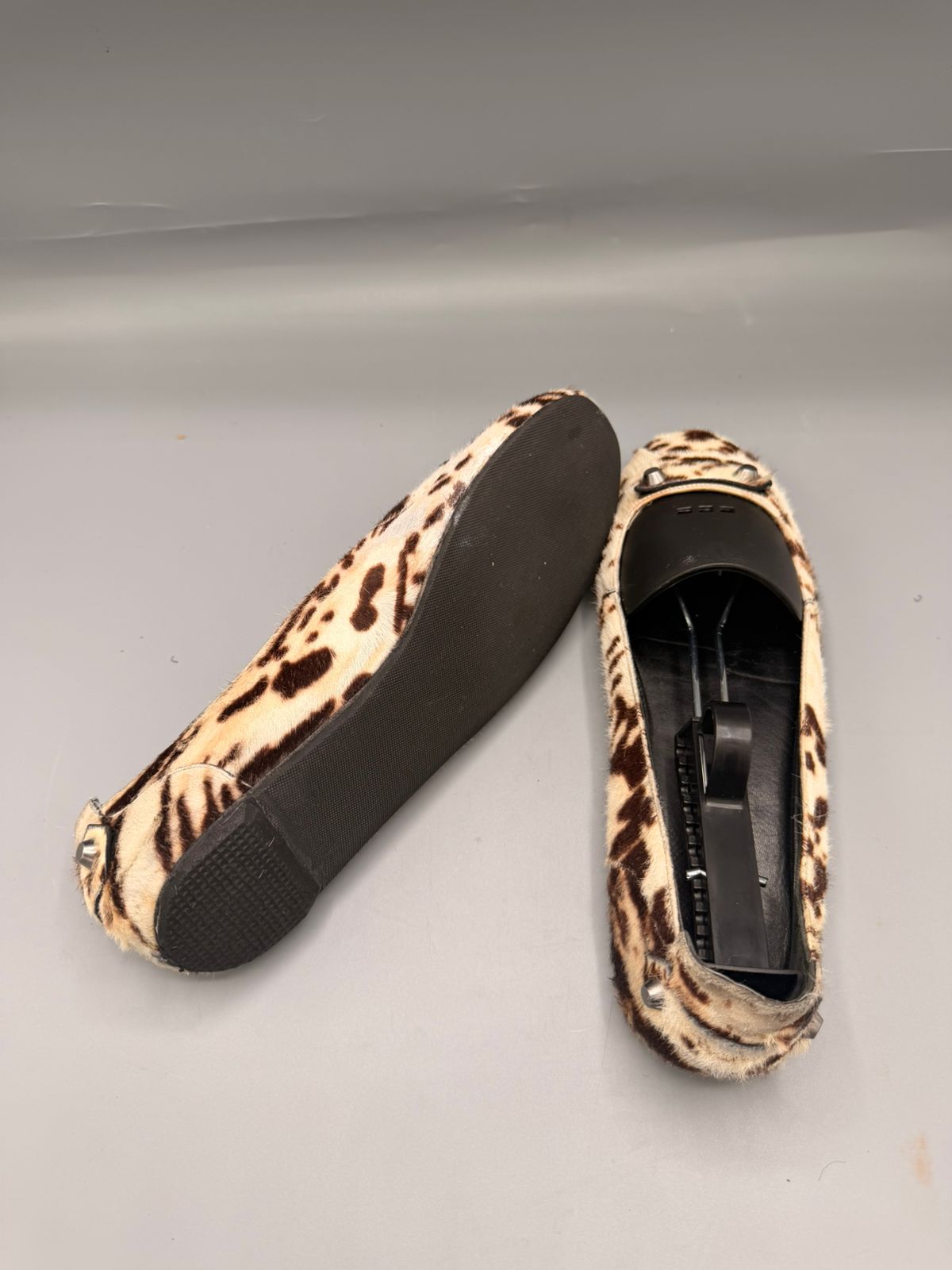 Balenciaga Cow Print Ponyhair Flats (Silver Stud Accents)