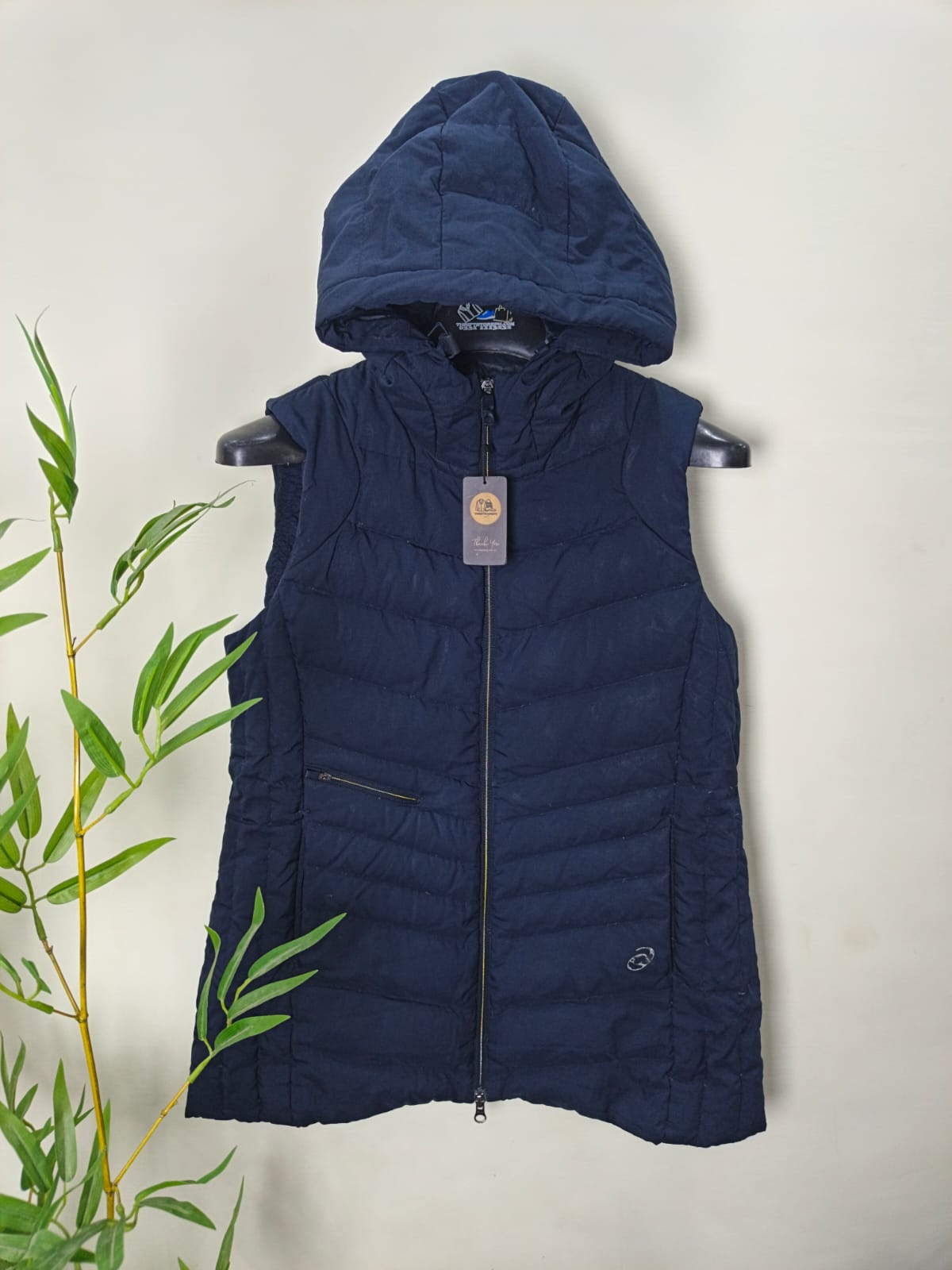 Navy hooded puffer vest, Asics Women's Essential