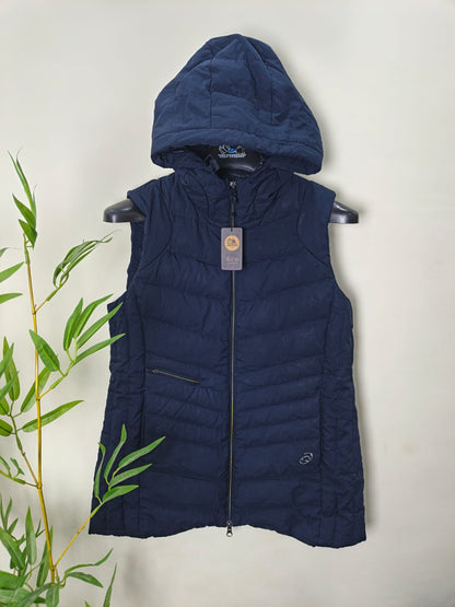 Navy hooded puffer vest, Asics Women's Essential