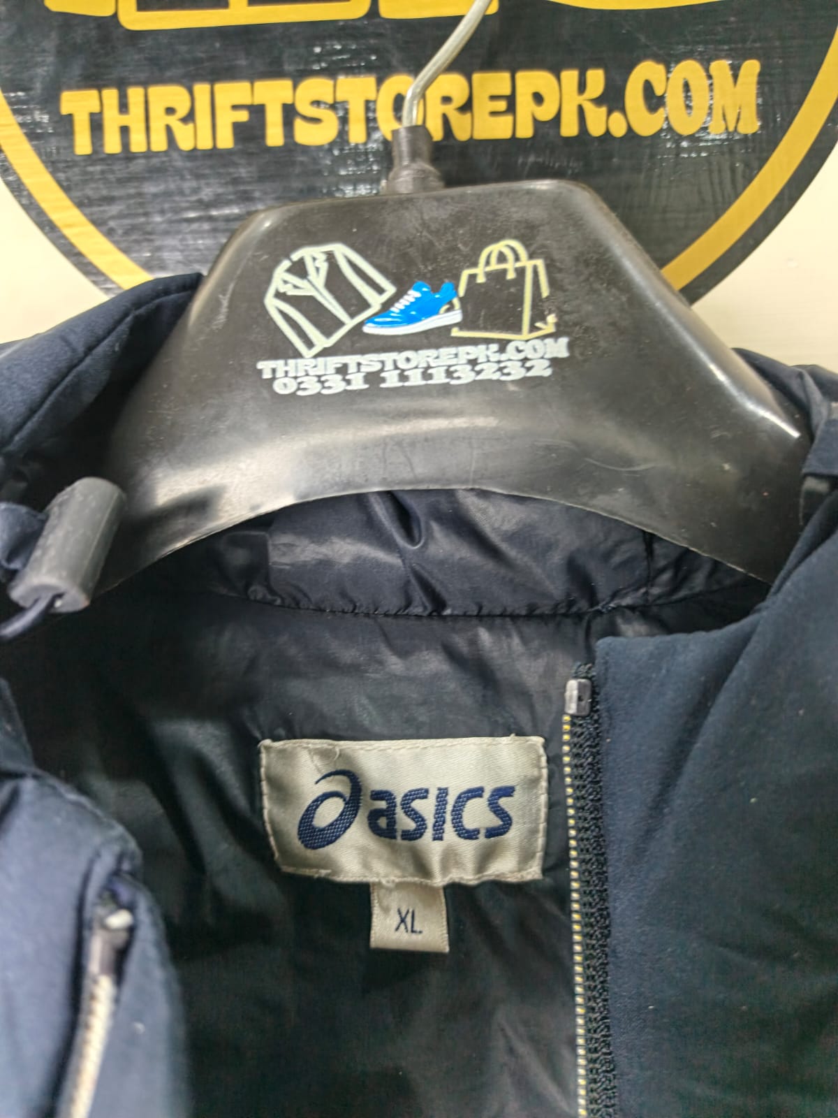 Navy hooded puffer vest, Asics Women's Essential