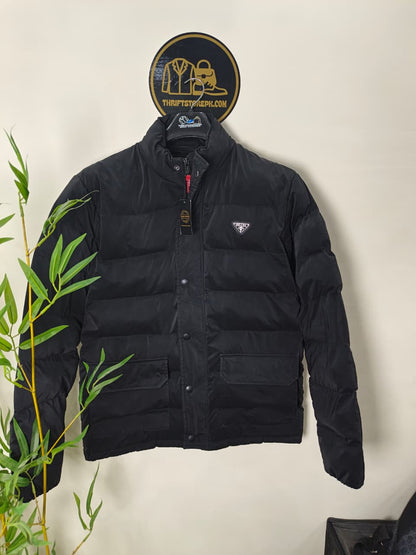 Prada-style black puffer jacket (triangle logo)