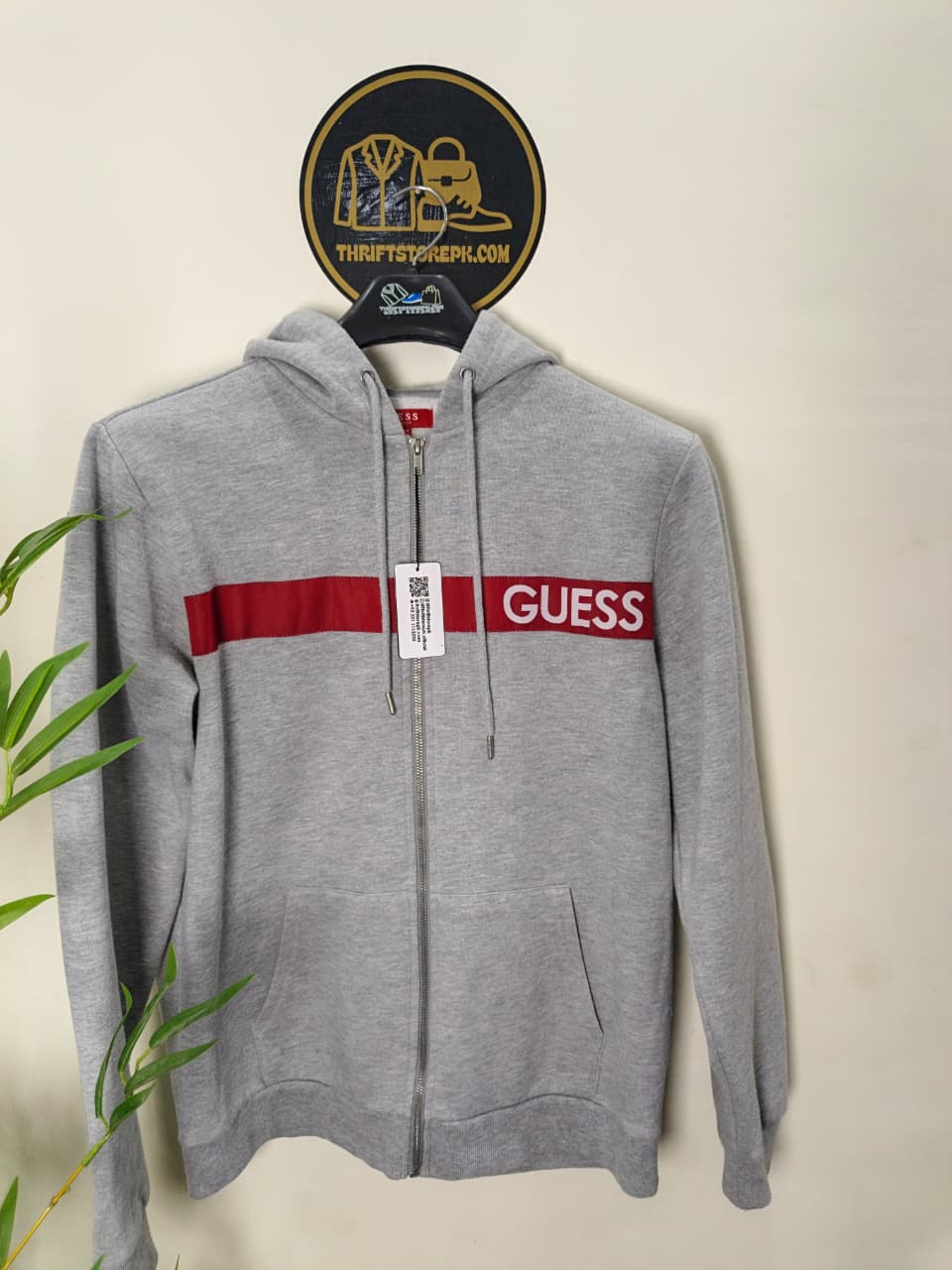 Guess zip-up hoodie (heather grey, red logo stripe)