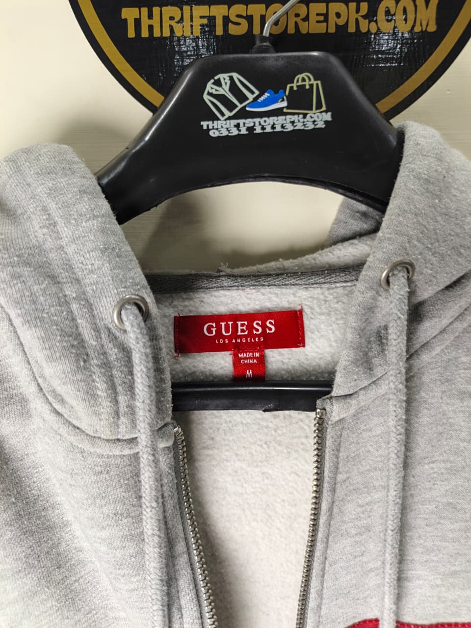 Guess zip-up hoodie (heather grey, red logo stripe)