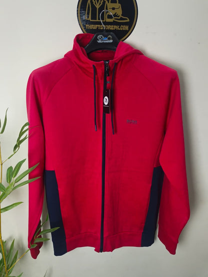 BOSS red and navy color-blocked full-zip hoodie