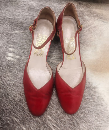 Salvatore Ferragamo Red Leather Ankle-Strap Pumps