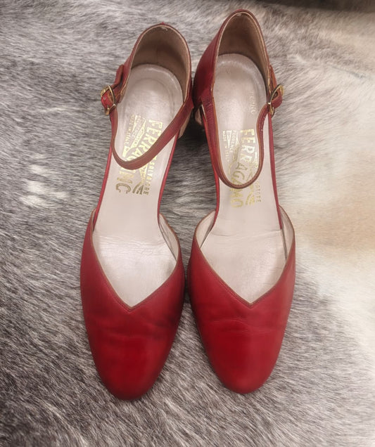 Salvatore Ferragamo Red Leather Ankle-Strap Pumps