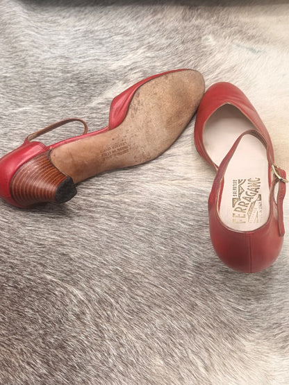 Salvatore Ferragamo Red Leather Ankle-Strap Pumps