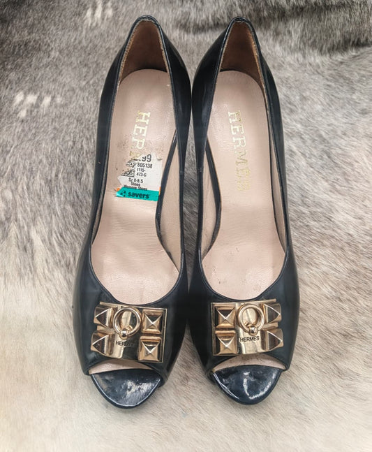 Hermès Black Leather Medor Studded Peep-Toe Pumps